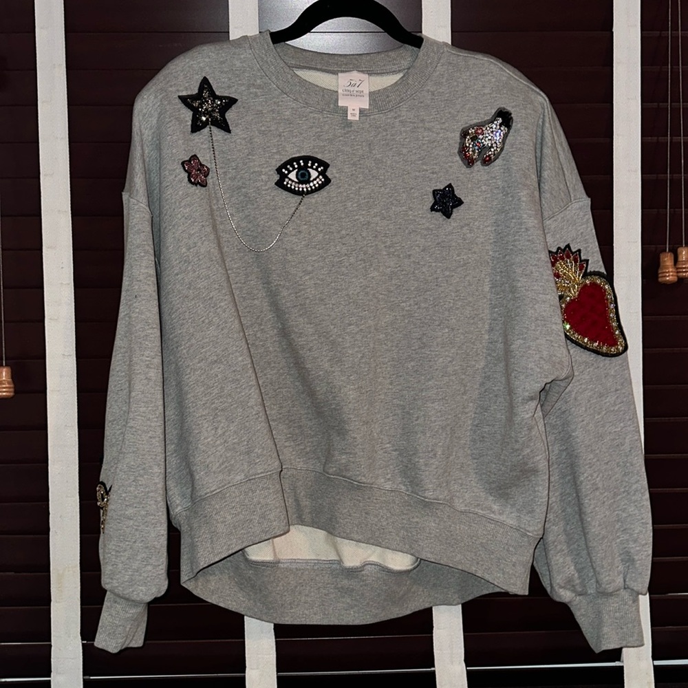 Cinq a Sept Blaire Embellished Patch Padded Shoulder Pullover Sweatshirt Grey M